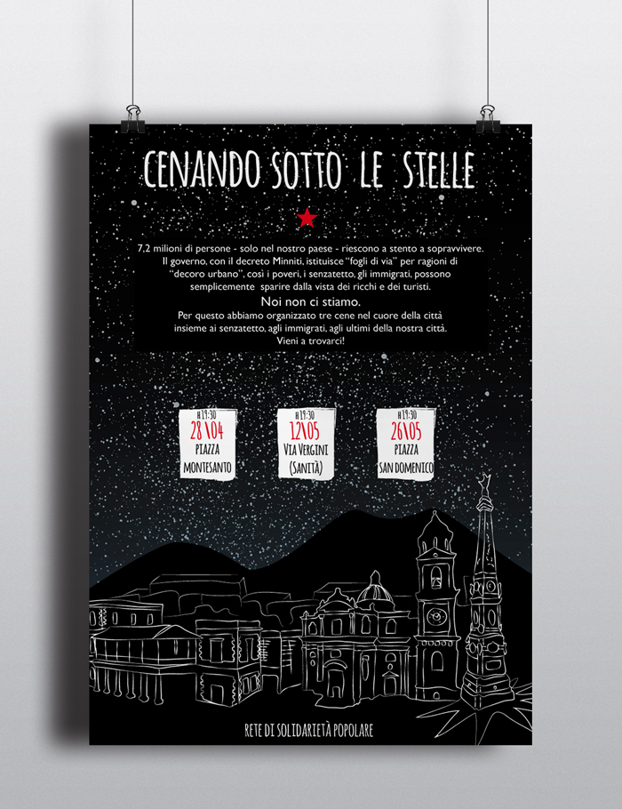 Cenando sotto le Stelle - Locandina, Diana Petrarca, Graphic Design, locandina, poster, stelle, cena, senza tetto, povertà, napoli, solidarietà, impaginazione, grafica