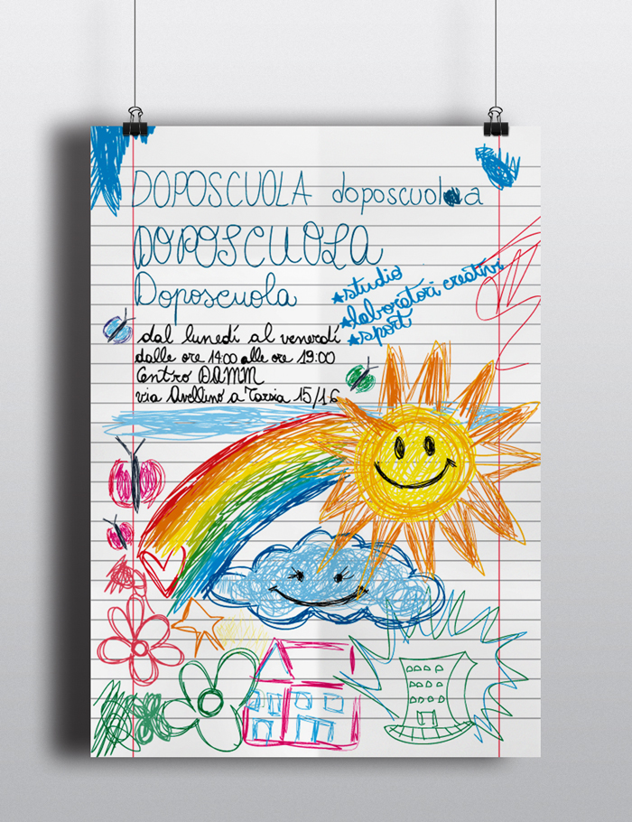 doposcuola, locandina, poster, diana petrarca, graphic design, napoli, colori, bambini, studio, scuola, gioco, pittura, sole, centro damm, doposcuola popolare - locandina