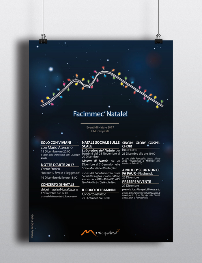 Facimmec' Natale - Locandina, natale, locandina, diana petrarca, graphic design, grafica, poster, vesuvio, luci, programma, impaginazione, illustrazione, napoli, work, seconda municipalità