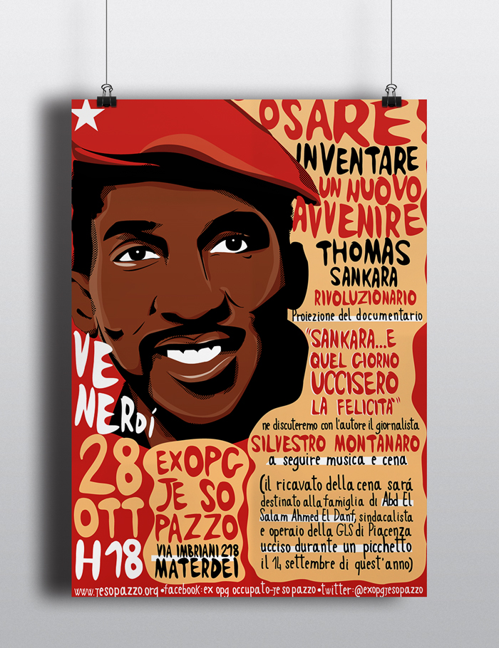 Documentario Thomas Sankara Locandina, diana petrarca, graphic design, grafica, rosso, rivoluzionario, proiezione, presentazione, thomas sankara, lotta