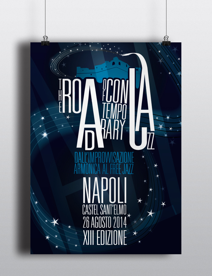 The Road of Contemporary Jazz Locandina, jazz, musica, napoli, castello, catel Sant'elmo, diana petrarca, poster, graphich design, grafica, impaginazione, lettering, blu